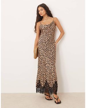 Never Fully Dressed Satin Cowl Neck Maxi Dress With Lace Trim Hem - Natural