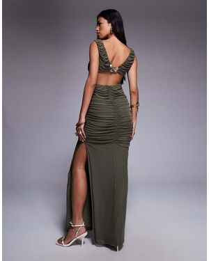 ASOS Plunge With Ruching And Open Back With Gold Butterfly Trim Mesh Maxi Dress - Grey