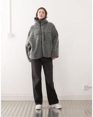 Weekday Oversized Borg Zip Fleece With Hood - Grey