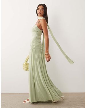 ASOS Mesh Ruched Bust Maxi Dress With Scarf Detail - Green
