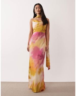Pretty Lavish Keisha Scarf Cowl Neck Satin Cami Maxi Dress - Pink