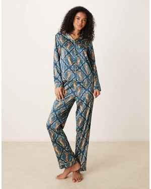 Chelsea Peers Satin Long Sleeve Revere Pyjama Set - Blue