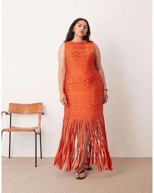 ARRANGE Curve Lattice Handwoven Fringe Hem Midi Dress - Red