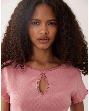 Miss Selfridge Short Sleeve Pointelle Keyhole Top - Red