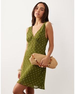 Gina Tricot Vestido Corto Verde Y Blanco Con Estampado De Lunares Y Cuello De Pico