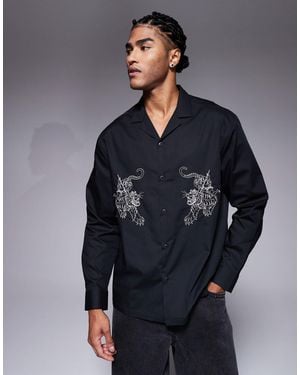 ASOS Relaxed Revere Poplin Shirt With Embroidery - Blue