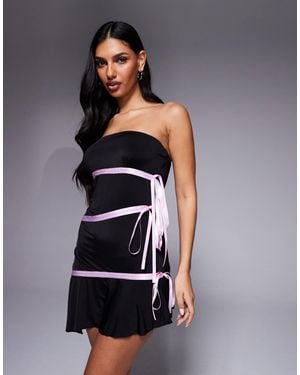 I.AM.GIA Arly Slinky Bandeau Contrast Satin Ribbon Trim Asymmetric Hem Mini Dress - Gray