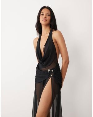Oh Polly Mesh Plunge Cowl Halter Neck Thigh Split Beach Maxi Dress - Black