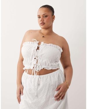 Esmee Curve Tie Front Bandeau Broderie Crop Top - White