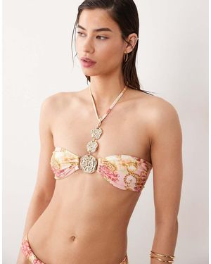 Miss Selfridge Hammered Trim Bandeau Bikini Top - Natural