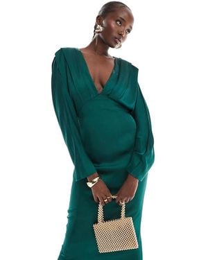 TFNC London Satin Kimono Top Maxi Dress - Green