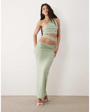 Aria Cove Vestito Lungo Monospalla A Doppio Strato Sinuoso Con Cut-Out E Arricciatura Color Salvia - Verde
