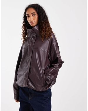 ASOS Asos Design Tall Clean Leather Look Funnel Track Bomber Jacket - Brown