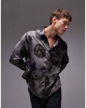 TOPMAN Long Sleeve Floral Printed Shirt - Grey