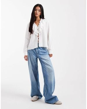 Vero Moda Tie Front Frill Neck Boho Blouse - Blue