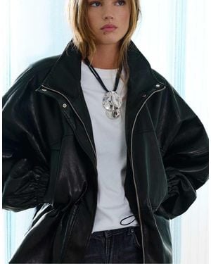 Pull&Bear Leather Effect High Neck Jacket - Black