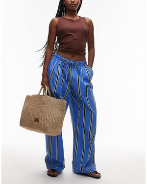 TOPSHOP Gestreepte Poplin Broek Met Wijde Pijpen En Elastische Taille - Blauw