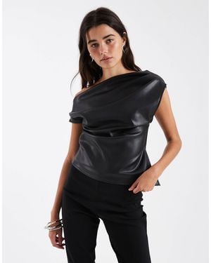 ASOS Pu Asymmetrical Off Shoulder Short Sleeve Top - Black