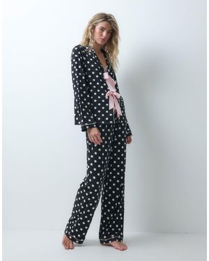 Loungeable Ensemble pyjama chemise à col tailleur noué sur le devant et pantalon à pois - Bleu