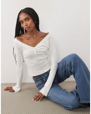 Miss Selfridge Lace Trim Button Pointelle Top - Grey