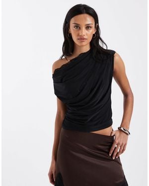 ASOS Slinky Lace Trim One Shoulder Top - Black