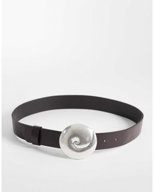 Mango 100% Leather Belt With Faux Statement Shell - Brown