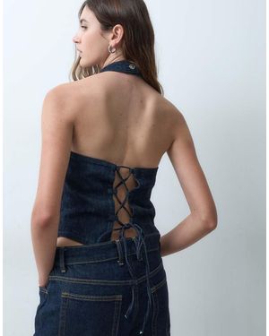 ASOS Halter Neck Denim Top With Tie Back Detail - Blue