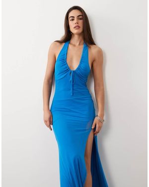 ASOS Mesh Maxi Halter Dress With Ruched Detail - Blue