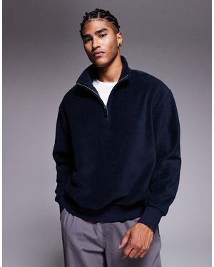 ASOS Relaxed Funnel Neck Quarter Zip Fleece Sweatshirt - Blue