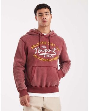 Hollister Motif Detail Boxy Pullover Hoodie - Red