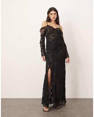 ARRANGE Lace Embroidered Cold Shoulder Maxi Dress With Split - Black