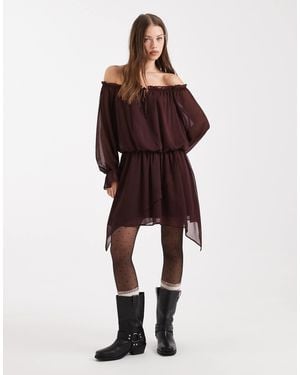 Miss Selfridge Chiffon Bardot Hanky Hem Dress - Red