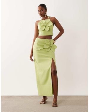 ASOS Linen Maxi Skirt With 3d Flower - Green
