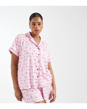 Loungeable Pijama Rosa A Cuadros De Camisa De Manga Corta Y Pantalones Cortos Con Estampado De Lazos De Punto Liso Muy Suave De Curve