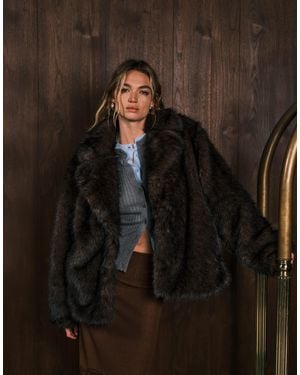 Monki Oversized Short Faux Fur Coat With Collar Detail - Black