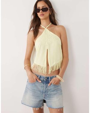 Motel Junaya Halter Fringe Top - White