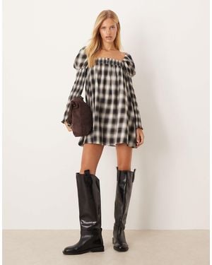 ASOS Square Neck Mixed Shirred Babydoll Mini Dress - Natural