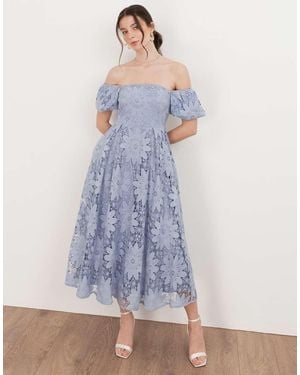 Maya Bardot Puff Short Sleeve Lace Midi Dress - Blue