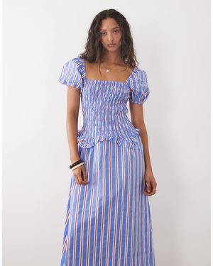 New Look Stripe Shirred Waist Poplin Frill Midi Dress - Blue