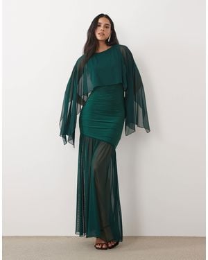 Kaiia Exclusive Double Layered Slinky Drop Waist Floaty Mesh Cape Overlay Sheer Hem Maxi Dress - Green