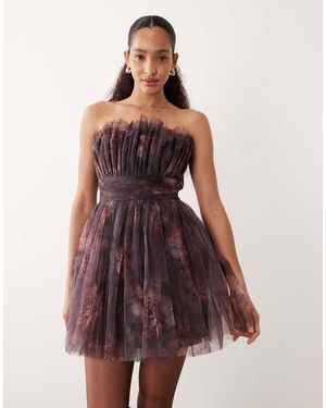 LACE & BEADS Tulle Waistband Bandeau Mini Dress - Red
