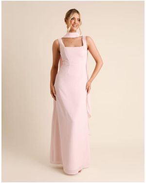 Six Stories Bridesmaid Crepe Square Neck Maxi Dress With Scarf Neck - Pink