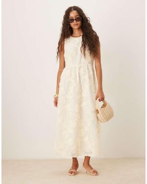 Vila Floral Applique Midi Dress - Natural