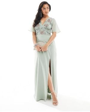 Maya Floral Embellished Short Angel Sleeve Maxi Dress - Blue