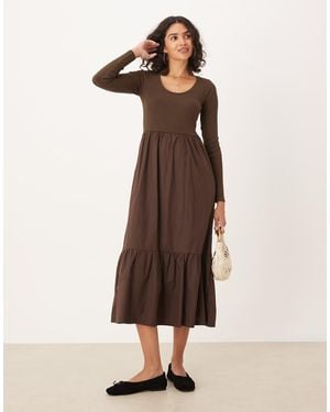 Threadbare Long Sleeve Scoop Neck Midi Dress With Poplin Skirt - Natural