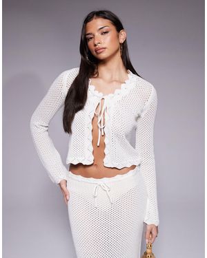 The Frolic Exclusive Cotton Rich Open Crochet Scallop Edge Tie Split Front Long Sleeve Beach Top - Gray