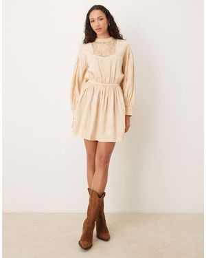 ASOS Tea Stained High Neck Mini Dress With Panels And Lace Trim - Natural