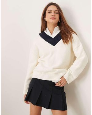Abercrombie & Fitch Maglione Oversize Color Crema Con Scollo A V A Contrasto - Neutro