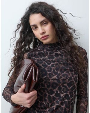 ONLY Hochgeschlossenes langarm-mesh-top mit transparenten ärmeln im leopardenmuster - Schwarz