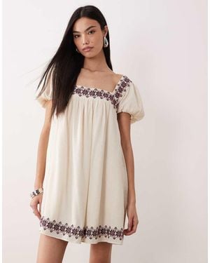Abercrombie & Fitch Boho Babydoll Mini-Jurk Met Versiering En Pofmouwen - Naturel